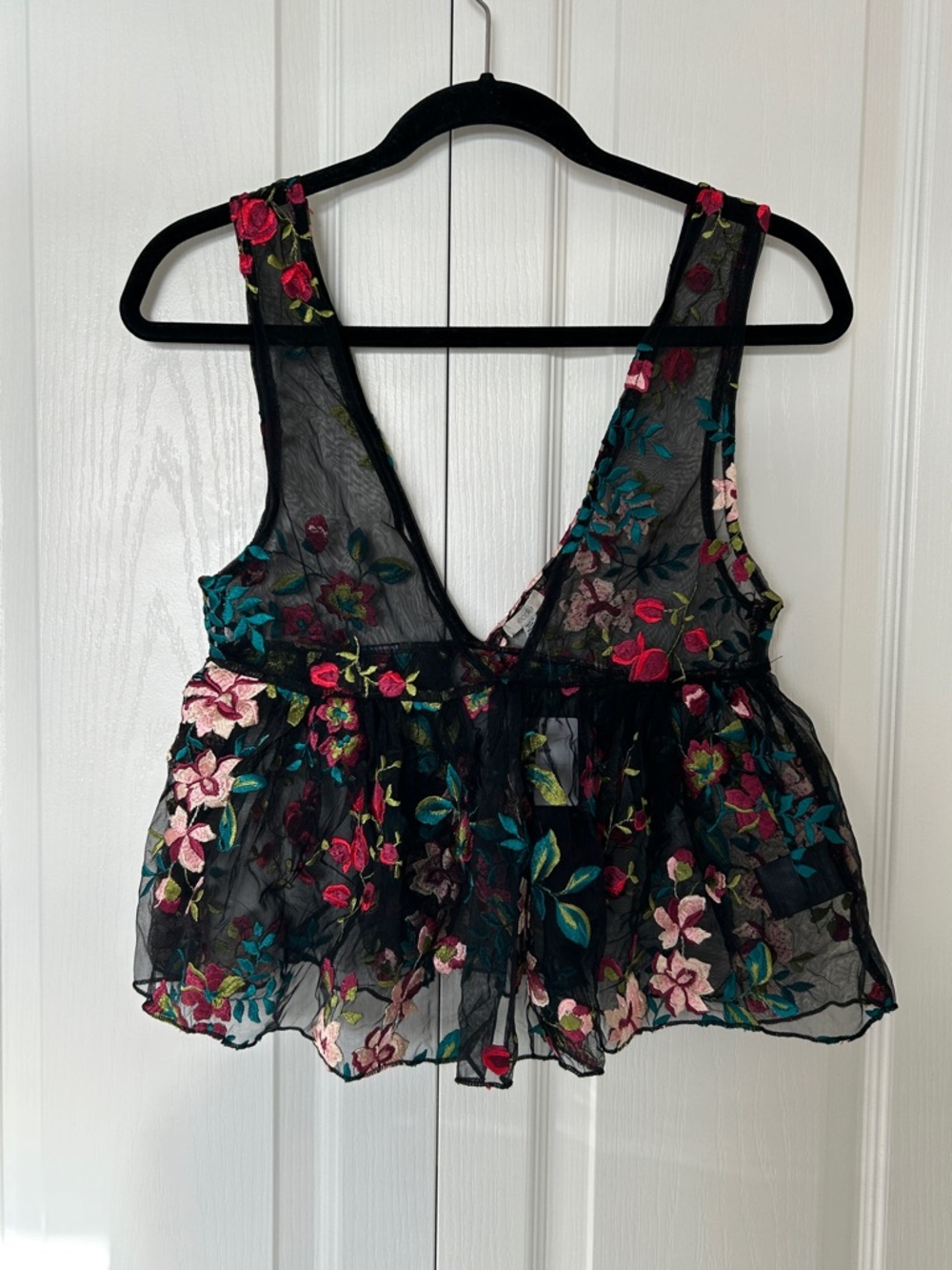 ecoté Sheer Black Floral Embroidered Peplum Tank Top
